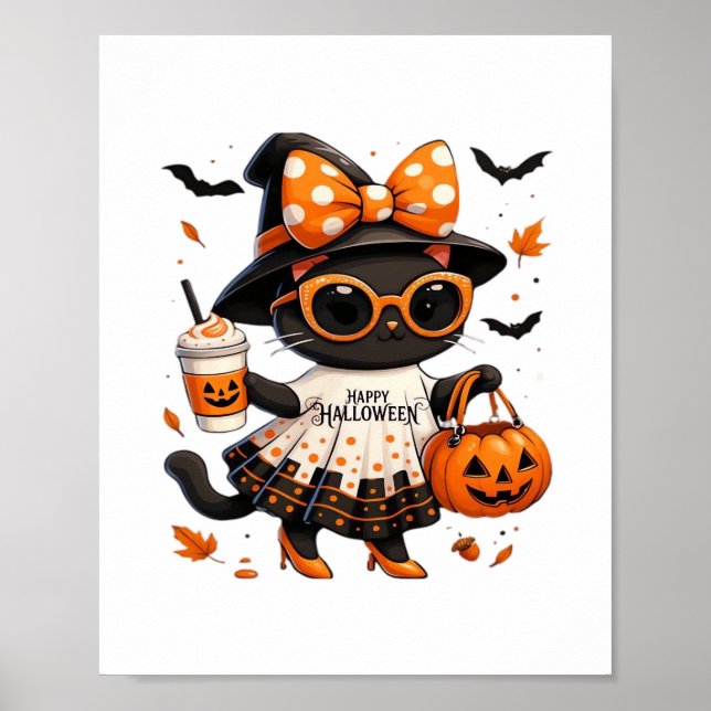 Affiche Halloween Kawaii Chat - Chat de sorcière avec Citr (Devant)