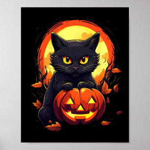 Affiche Halloween Lune Chat Noir et Citrouille Pour Hommes