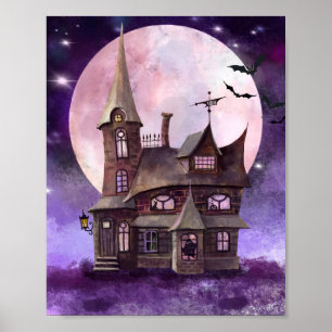 Affiche Halloween Maison hantée avec lune et mur de chaume