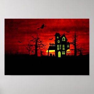 Affiche Halloween Maison hantée Éffrayante sorcière effray