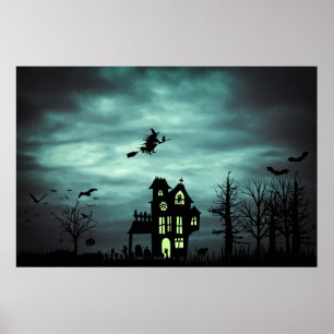 Affiche Halloween Maison hantée Éffrayante sorcière effray