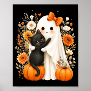 Affiche Halloween Mignon Fantôme Chat Noir Citrouille Flor