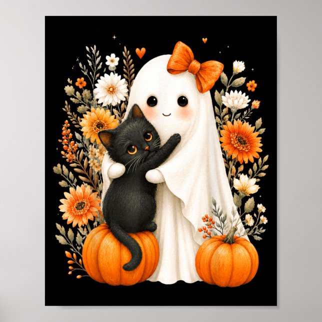 Affiche Halloween Mignon Fantôme Chat Noir Citrouille Flor (Devant)