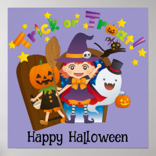 Affiche Halloween mignonne drôle Whimsical sorcière fille