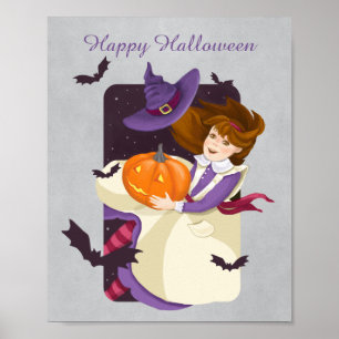 Affiche Halloween mignonne sorcière avec Citrouille