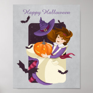 Affiche Halloween mignonne sorcière avec Citrouille