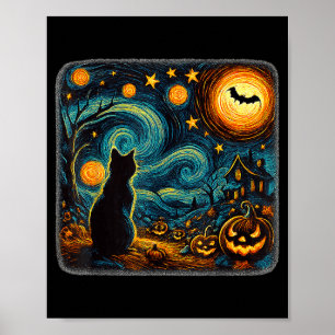 Affiche Halloween Nuit Étoilée Chat Noir Citrouilles Art H