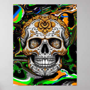 Affiche Halloween ou Día de Muertos Sugar Skull Fluid Art