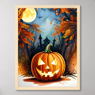 Affiche halloween peinture effrayant citrouille lune lumiè