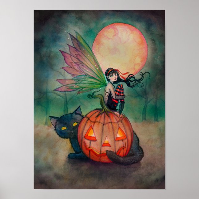 Affiche Halloween Pixie Fairy et Black Cat Imaginaire Art (Devant)