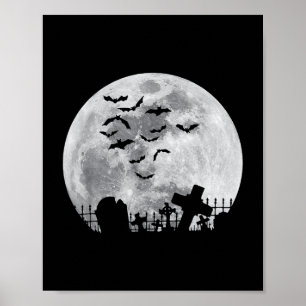 Affiche Halloween Pleine lune Cimetière Bats Éffrayants