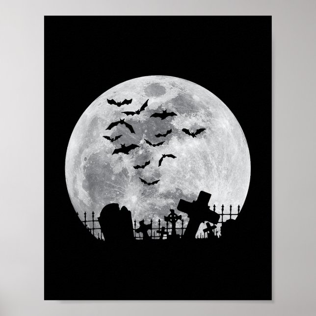 Affiche Halloween Pleine lune Cimetière Bats Éffrayants (Devant)