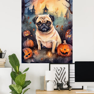 Affiche Halloween Pug With Pumpkins Scary