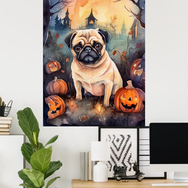 Affiche Halloween Pug With Pumpkins Scary (Bureau à domicile)