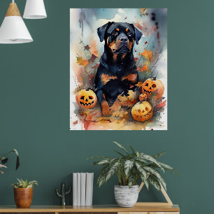 Affiche Halloween Rottweiler avec la peur Citrouille