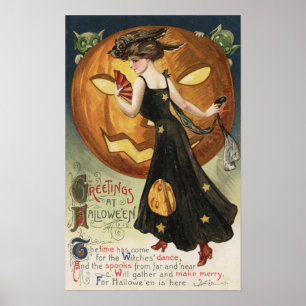 Affiche Halloween SalutationWitch Danser et Citrouille