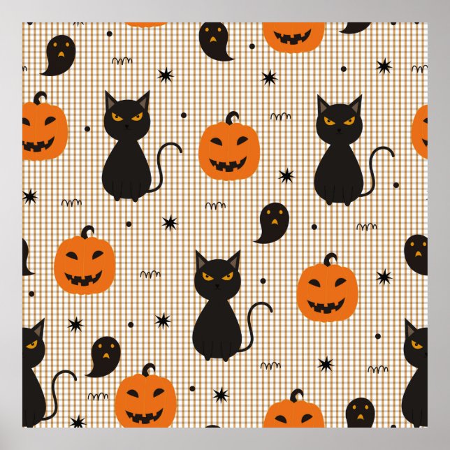 Affiche Halloween sans couture motif avec chat noir et gho (Devant)