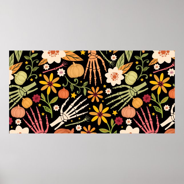 Affiche Halloween sans couture motif avec os et floral e (Devant)