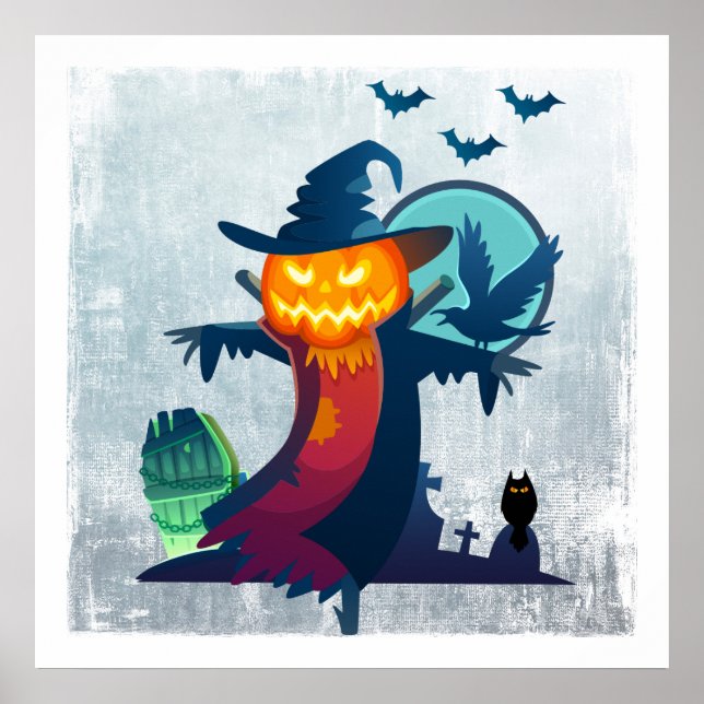 Affiche Halloween Scarecrow With Bats Crow and Owl (Devant)