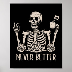 Affiche Halloween Skeleton Skull Femmes Boire Café Nev