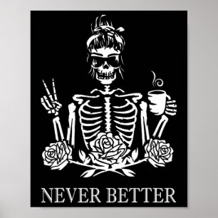 Affiche Halloween Skeleton Skull Femmes Boire Café Nev