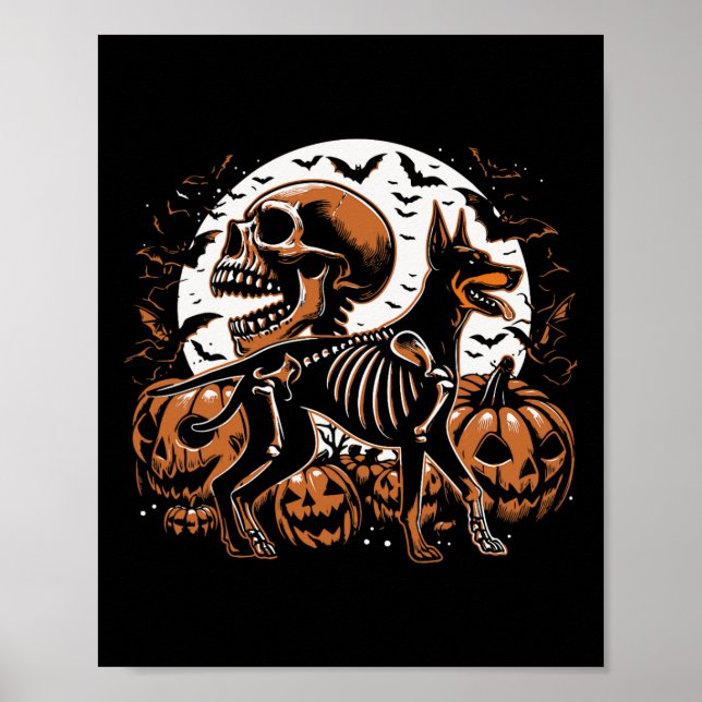 Affiche Halloween Skeleton Walking Skeletal Doberman Chien (Devant)