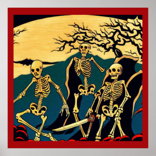 Affiche Halloween - Skeletons Woodcut 4