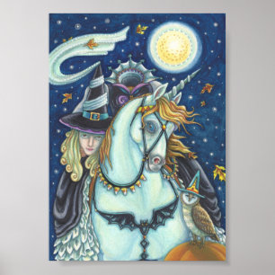 AFFICHE HALLOWEEN SORCIÈRE LICORNE & HIBOU DE SLEE
