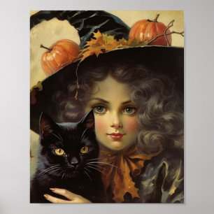 Affiche Halloween sorcière vintage et chatte noire