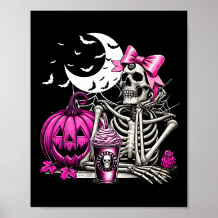 Affiche Halloween Squelette Boire Café Rose Coquette B