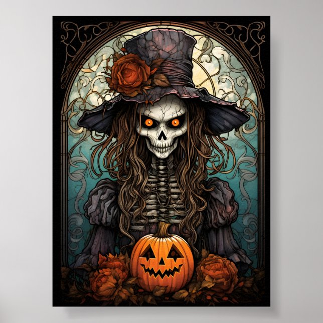 Affiche Halloween Squelette déplaisant Et Citrouille Orang (Devant)