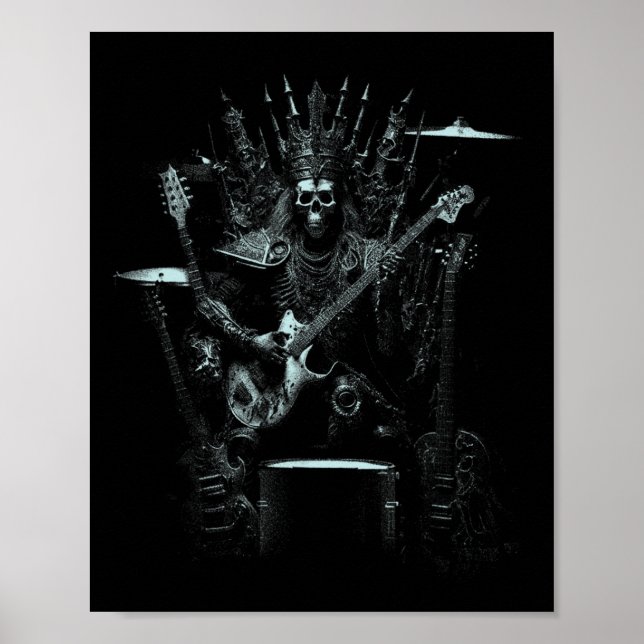 Affiche Halloween Squelette Jouer Guitare Trône Rock Et (Devant)