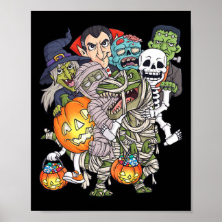 Affiche Halloween Squelette Zombie équitation maman T Rex 