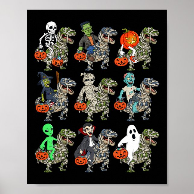 Affiche Halloween Squelette Zombie équitation maman T Rex  (Devant)