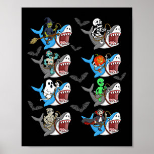 Affiche Halloween Squelette Zombie équitation Requin maman