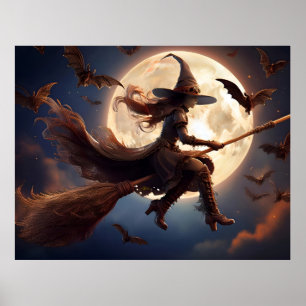 Affiche Halloween Steampunk Witch Vol au clair de lune