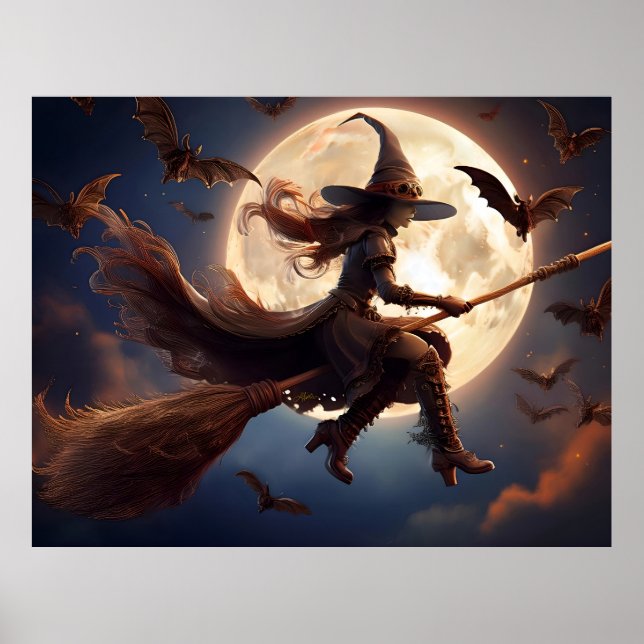 Affiche Halloween Steampunk Witch Vol au clair de lune (Devant)