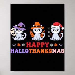 Affiche Halloween Thanksgiving Noël Chats Happy Hallot