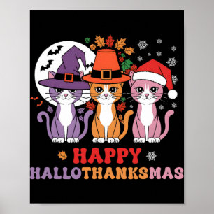 Affiche Halloween Thanksgiving Noël Chats Happy Hallot