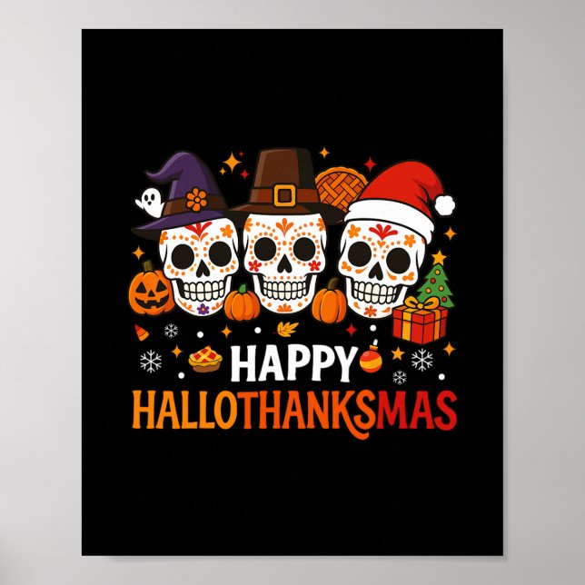 Affiche Halloween Thanksgiving Noël Joyeux Hallothanks (Devant)