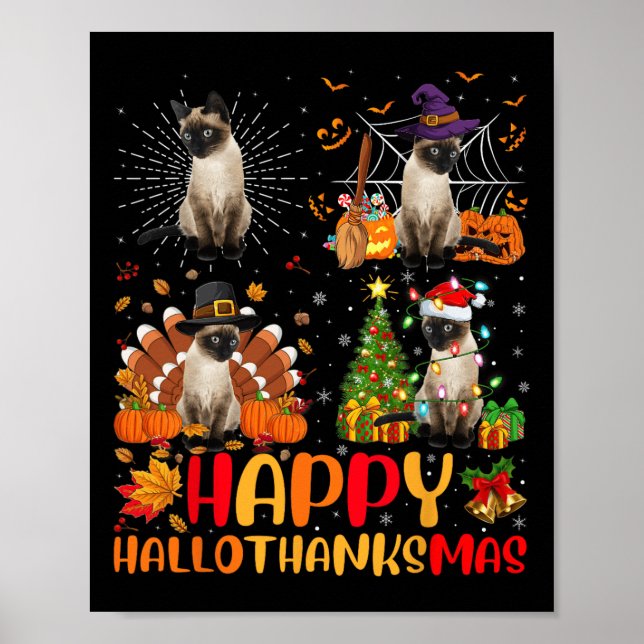Affiche Halloween Thanksgiving Noël Siamese Chat Hallo (Devant)