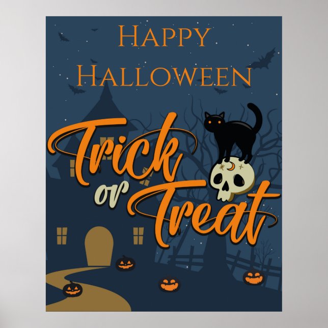 Affiche Halloween Trick ou traiter Chat noir et crâne (Devant)