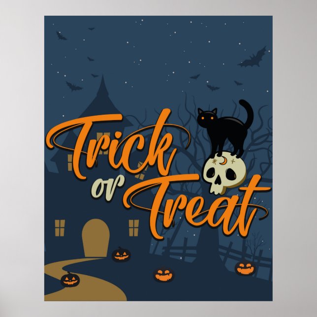 Affiche Halloween Trick ou traiter Chat noir et crâne (Devant)