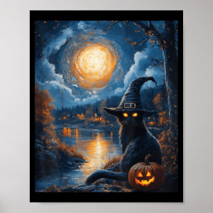 Affiche Halloween Van Gogh Nuit Étoilée Chat Noir Citrouil