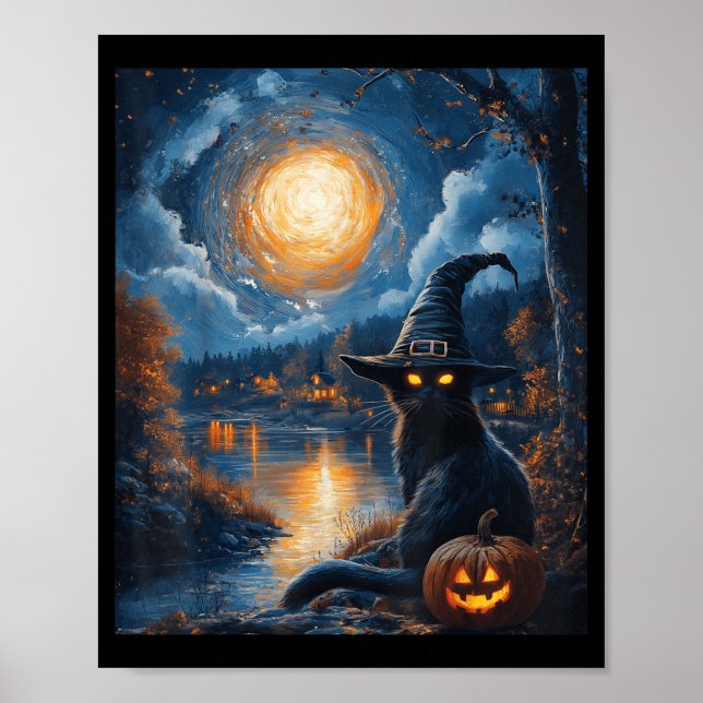 Affiche Halloween Van Gogh Nuit Étoilée Chat Noir Citrouil (Devant)