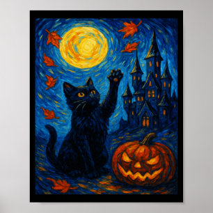 Affiche Halloween Van Gogh Nuit Étoilée Chat Noir Citrouil