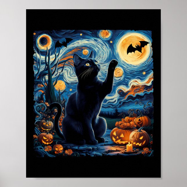 Affiche Halloween Van Gogh' Starry Night Black Cat Citroui (Devant)