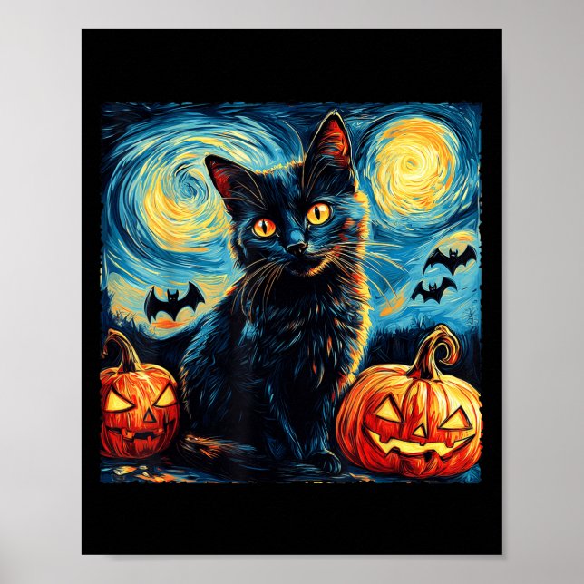 Affiche Halloween Van Gogh Starry Night Black Cat Pumpkins (Devant)