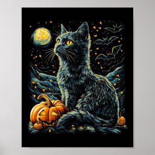 Affiche Halloween Van Gogh Starry Night Chat noir Citrouil