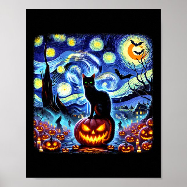 Affiche Halloween Van Gogh Starry Night Chat noir Citrouil (Devant)